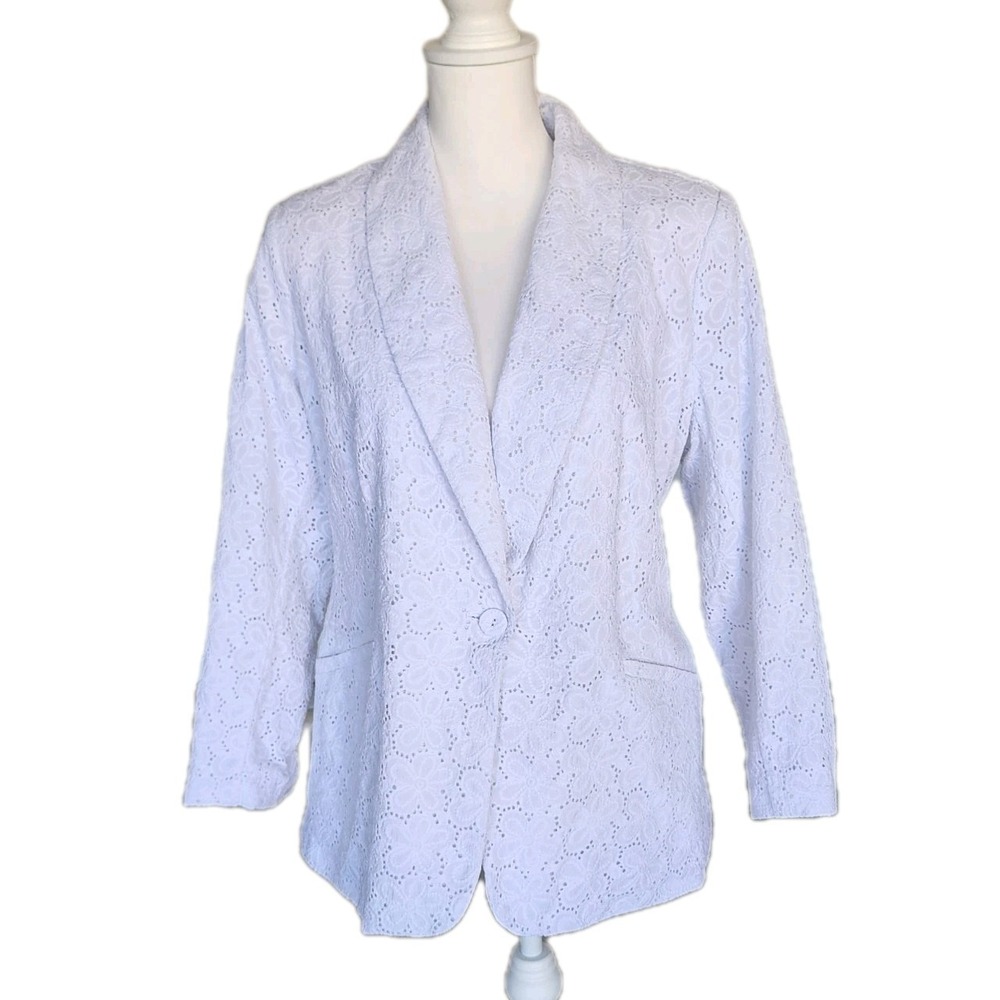 Susan Graver Pure Blazer Womens 1X White Floral Eyelet Cotton‎ Cottagecore